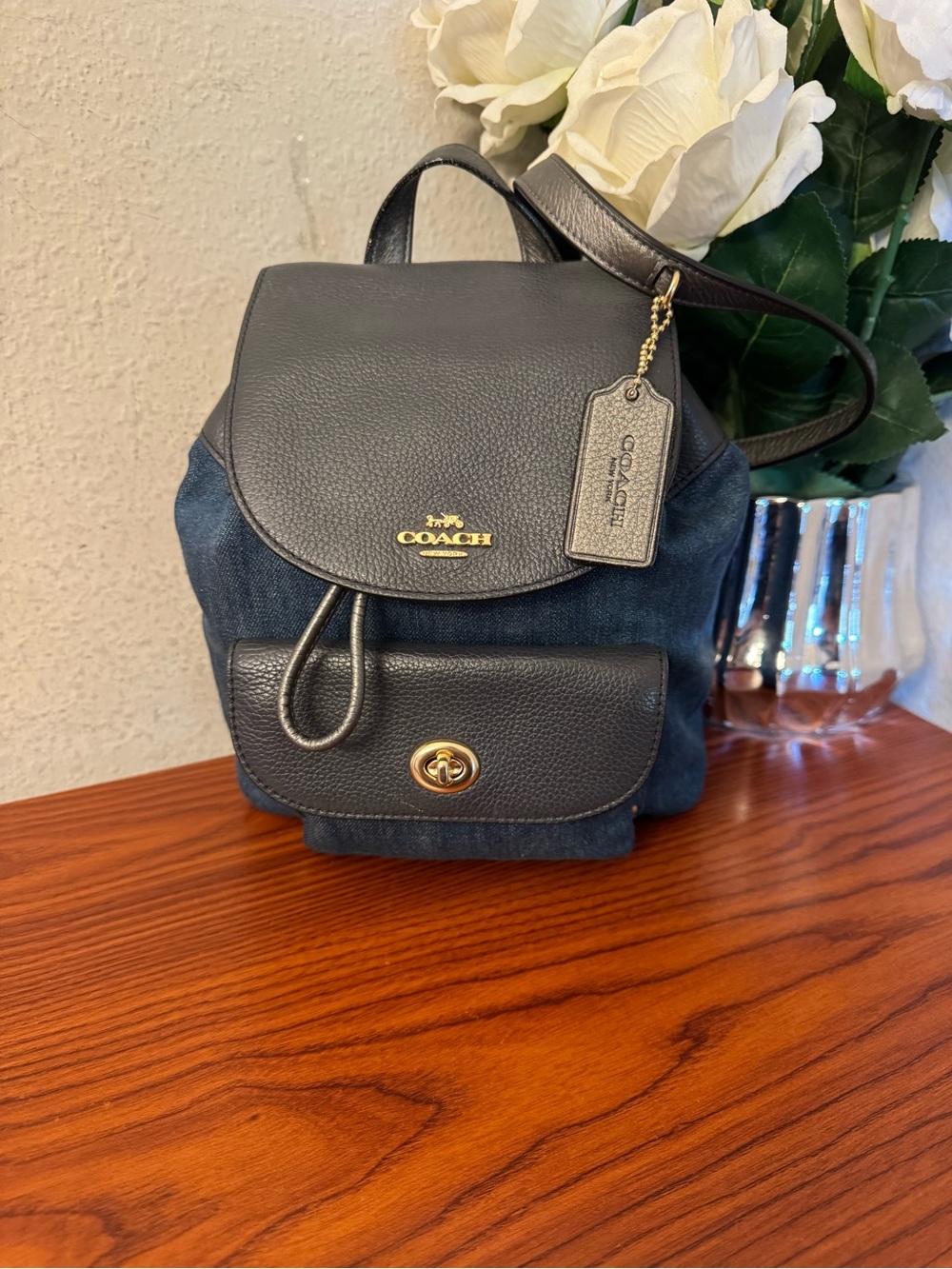 Coach Navy Denim and Black Leather Mini Backpack with Gold Hardware